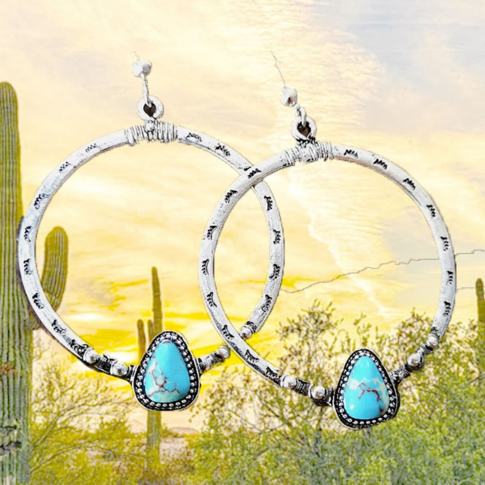 Antique Navajo Hammered Etched Silver Western Turquoise Hoop Earrings
